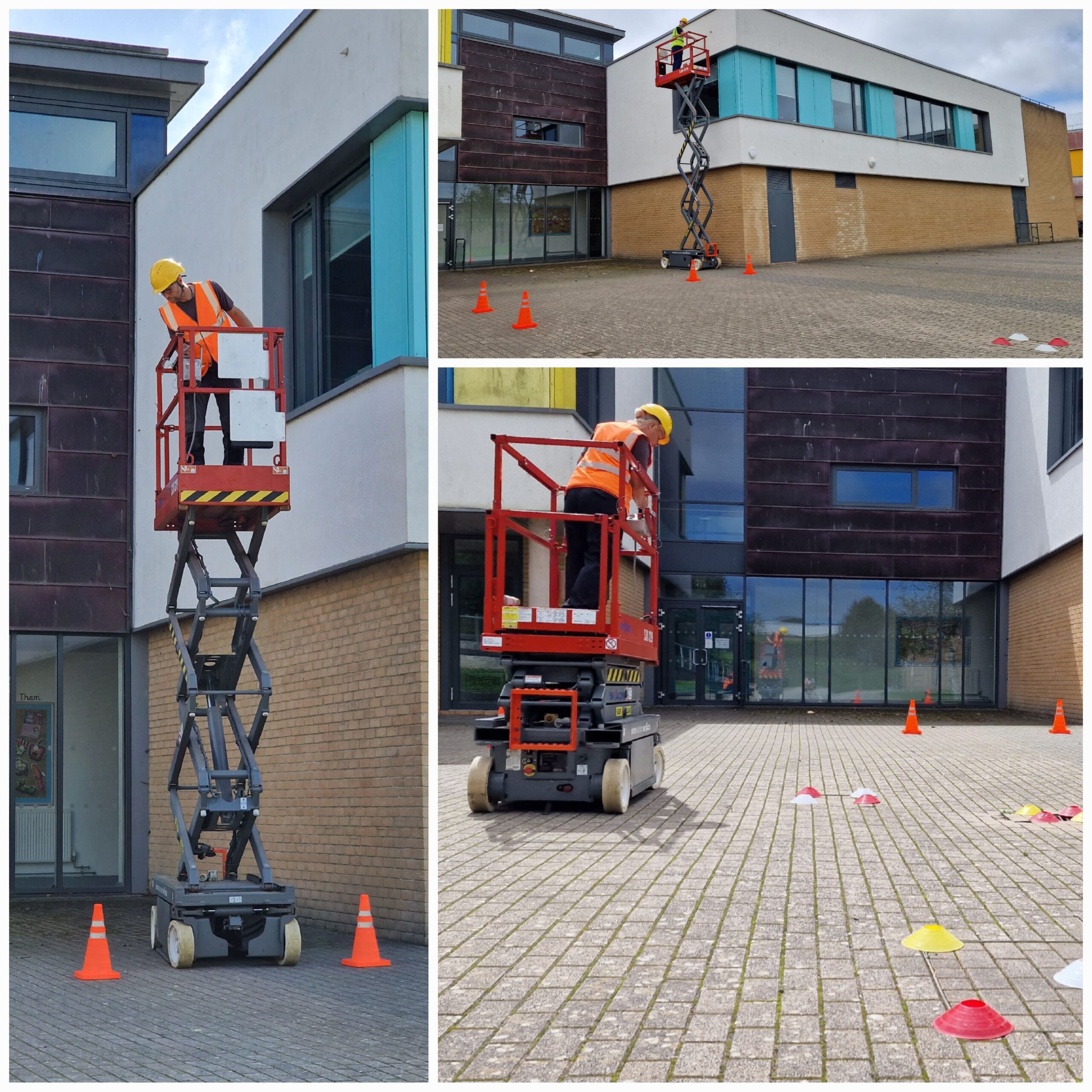 collage of three images showing people operating a scissor lift